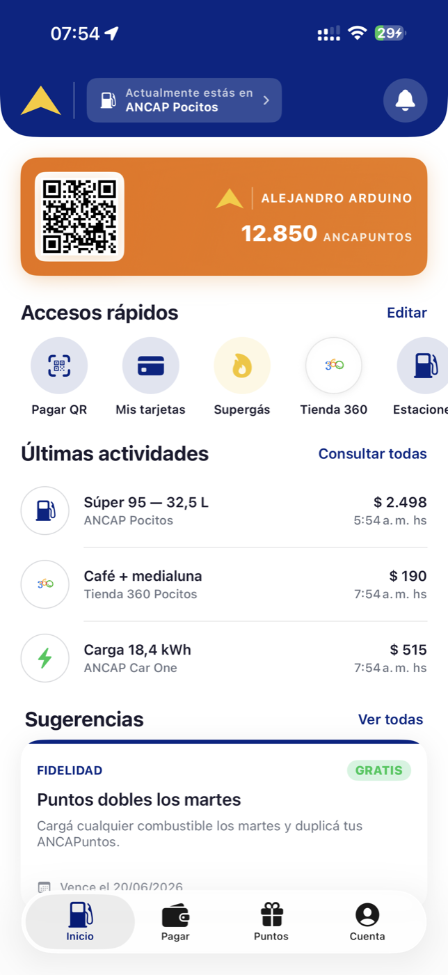 Pantalla de inicio del app ANCAP con tarjeta digital ANCAPuntos, accesos rápidos y últimas actividades